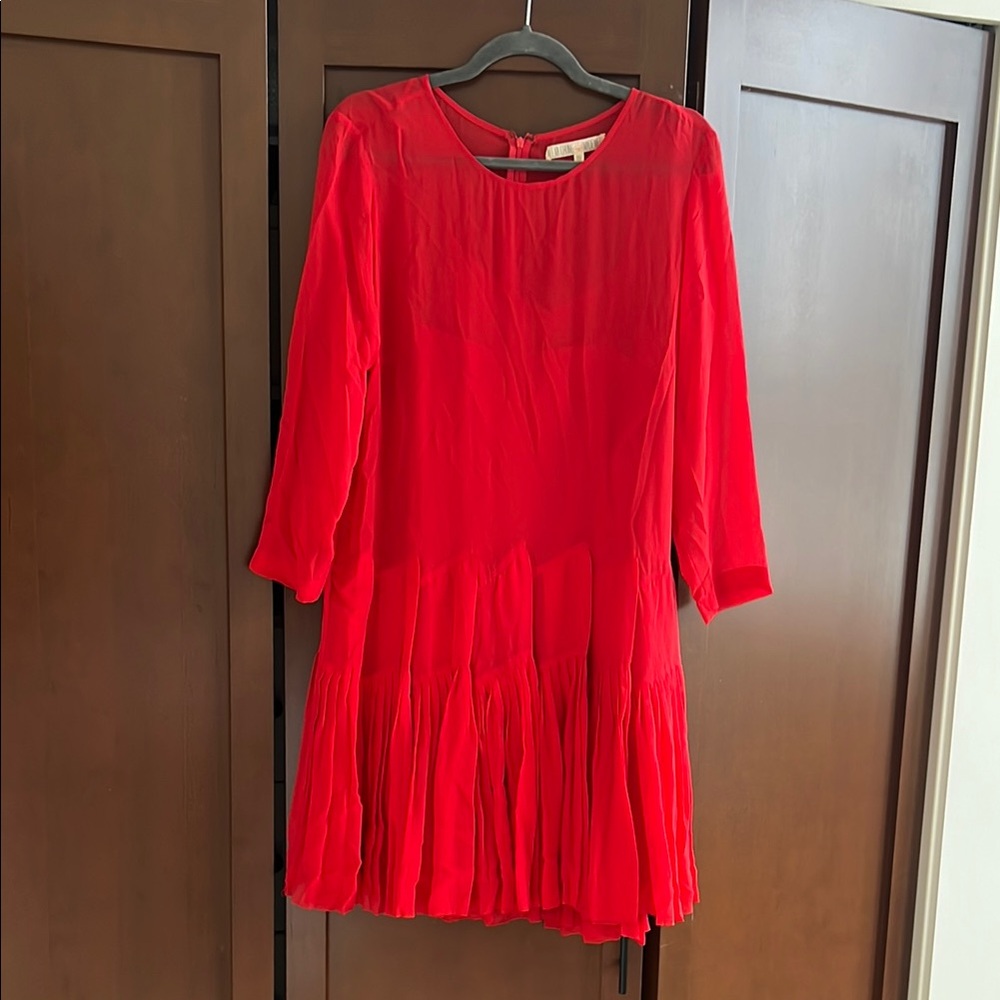 Madewell Red Pleated Sundress with 3/4 Sleeves